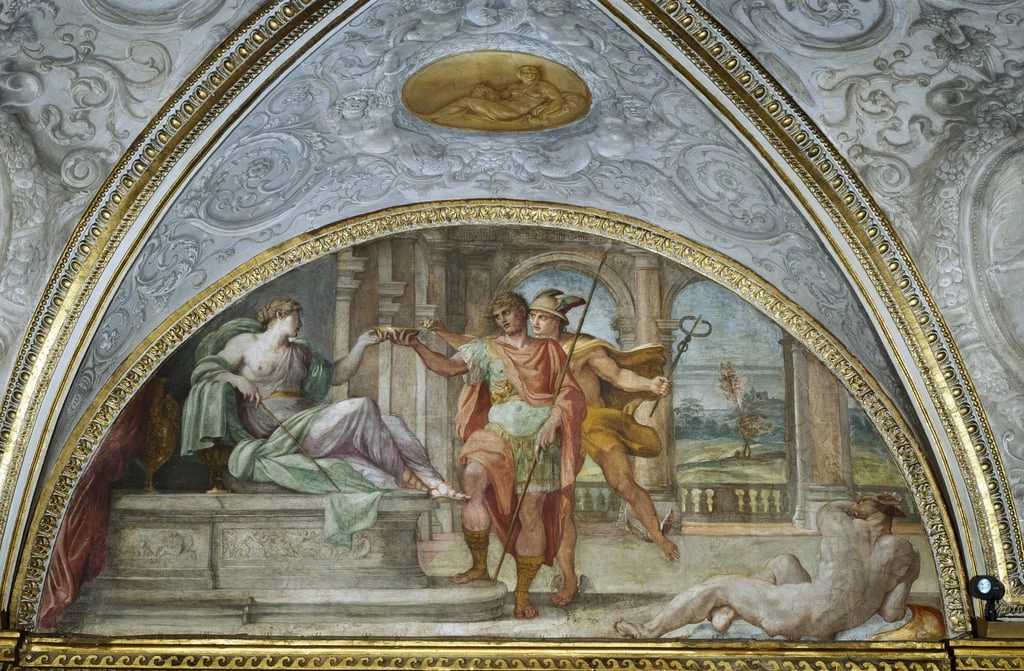 La maga Circe offre a Ulisse una scodella di zuppa avvelenata e Mercurio aggiunge un antidoto alle erbe - Camerino Farnese